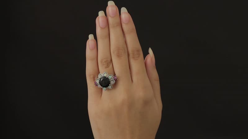 Black Tourmaline and Multi Gemstone Floral Ring in Platinum Over Sterling Silver 7.75 ctw