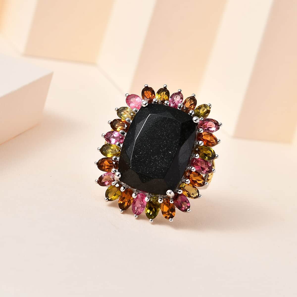 Black Tourmaline and Multi-Tourmaline Floral Ring in Vermeil YG and Platinum Over Sterling Silver (Size 10.0) 26.20 ctw image number 1