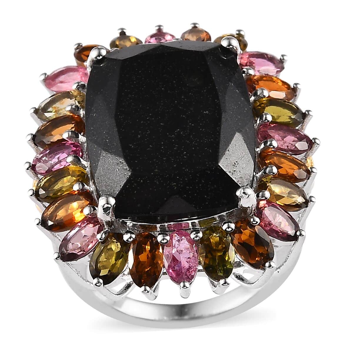 Black Tourmaline and Multi-Tourmaline Floral Ring in Vermeil YG and Platinum Over Sterling Silver (Size 7.0) 26.20 ctw image number 0