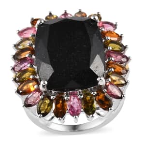 Black Tourmaline and Multi-Tourmaline Floral Ring in Vermeil YG and Platinum Over Sterling Silver (Size 7.0) 26.20 ctw