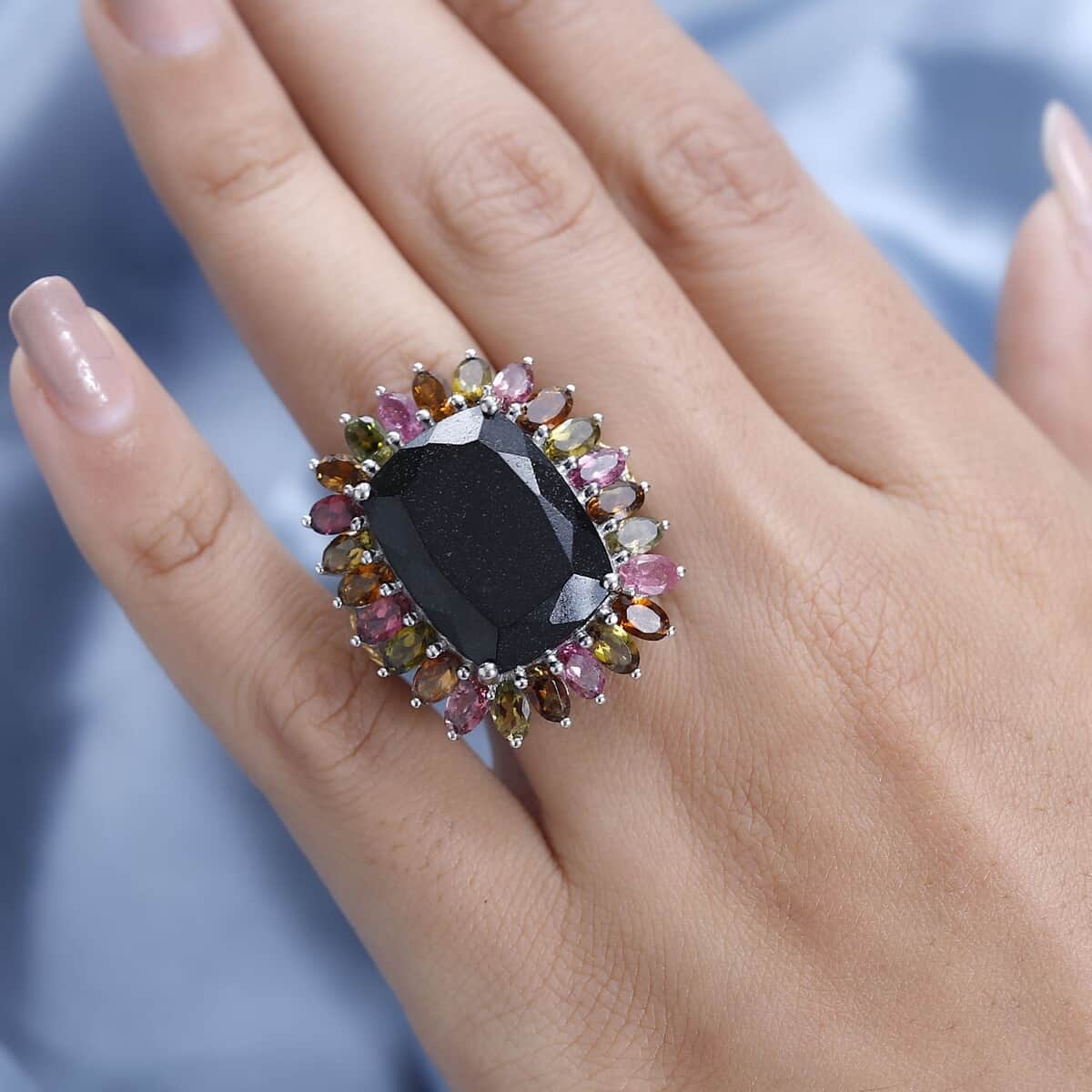 Black Tourmaline and Multi-Tourmaline Floral Ring in Vermeil YG and Platinum Over Sterling Silver (Size 7.0) 26.20 ctw image number 2