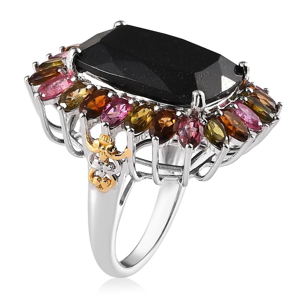 Black Tourmaline and Multi-Tourmaline Floral Ring in Vermeil YG and Platinum Over Sterling Silver (Size 7.0) 26.20 ctw image number 3
