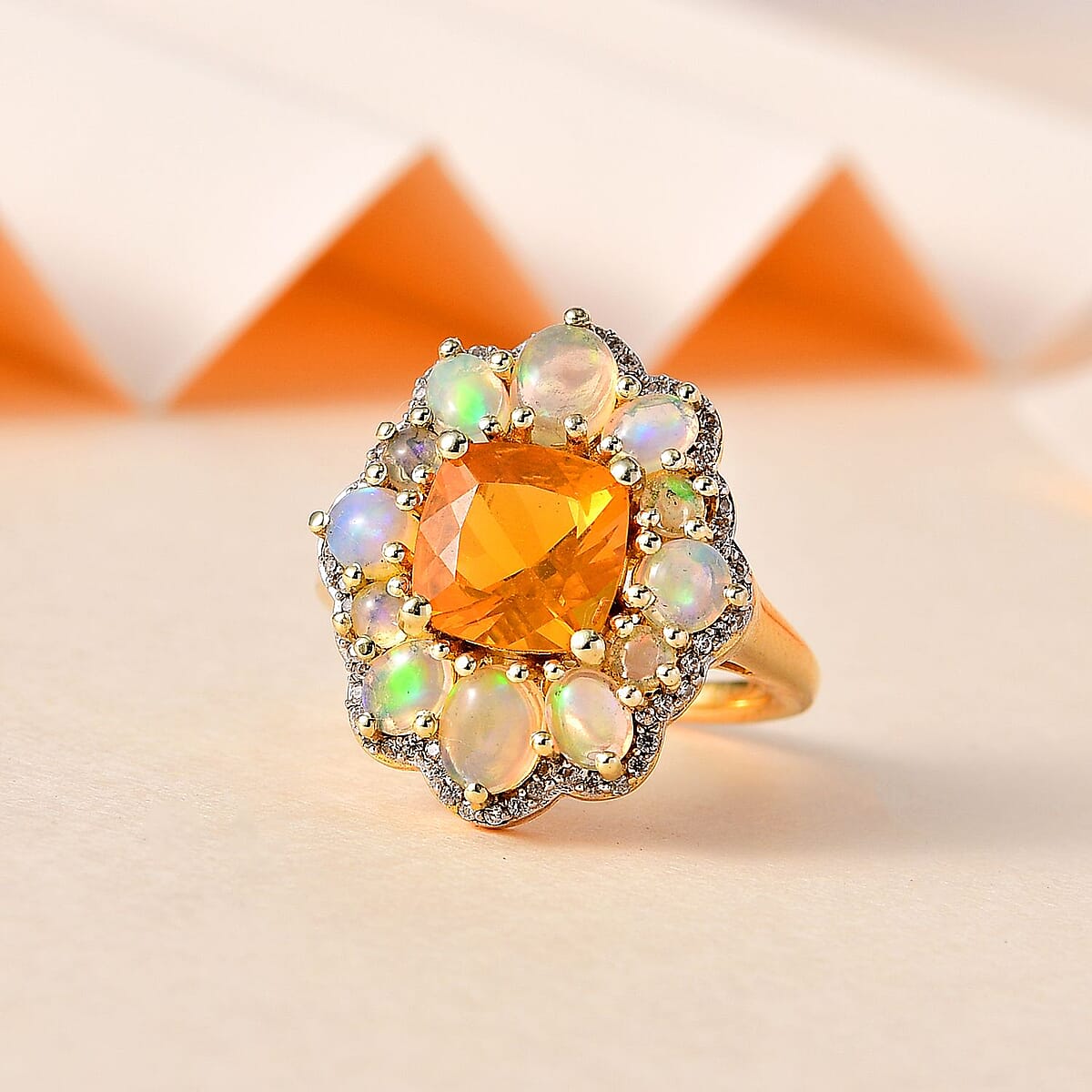 Premium BURITI Fire Opal and Multi Gemstone Floral Ring in Vermeil Yellow Gold Over Sterling Silver (Size 6.0) 3.25 ctw image number 1