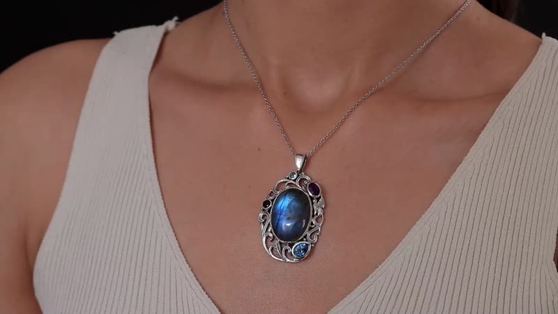 AAA Malagasy Labradorite and Multi Gemstone Pendant without Chain in Sterling Silver 28.10 ctw