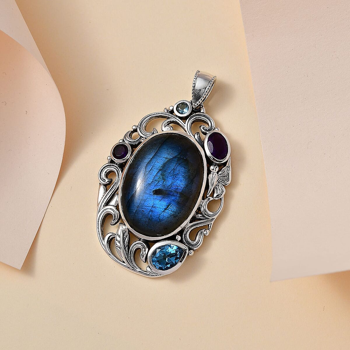 AAA Malagasy Labradorite and Multi Gemstone Pendant without Chain in Sterling Silver 28.10 ctw image number 1
