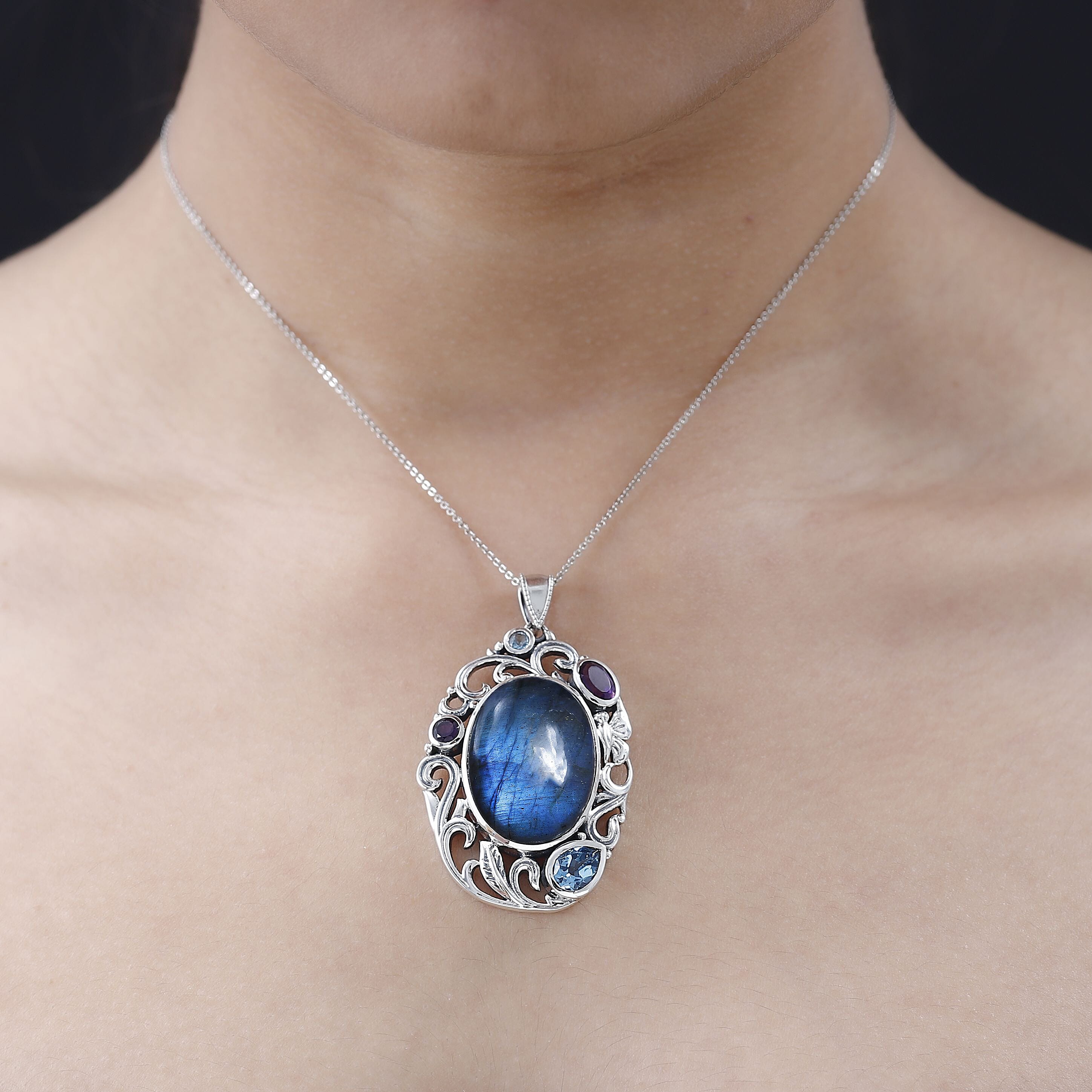 AAA Malagasy Labradorite and Multi Gemstone Pendant without Chain in Sterling Silver 28.10 ctw
