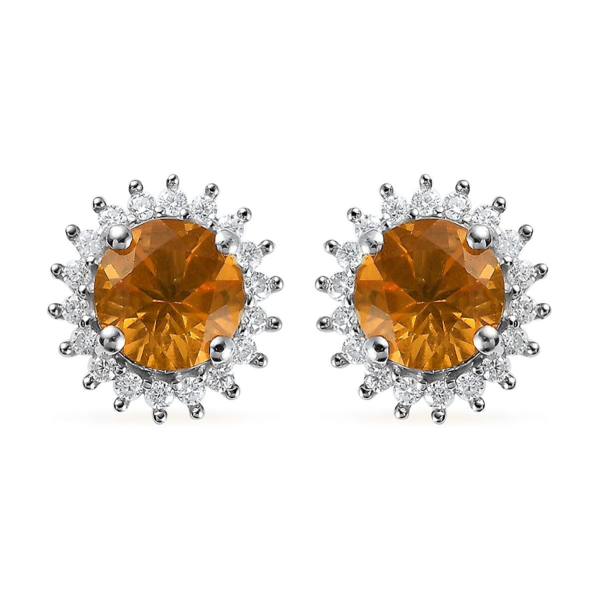 Premium BURITI Fire Opal and Moissanite Sunburst Stud Earrings in Platinum Over Sterling Silver 1.50 ctw