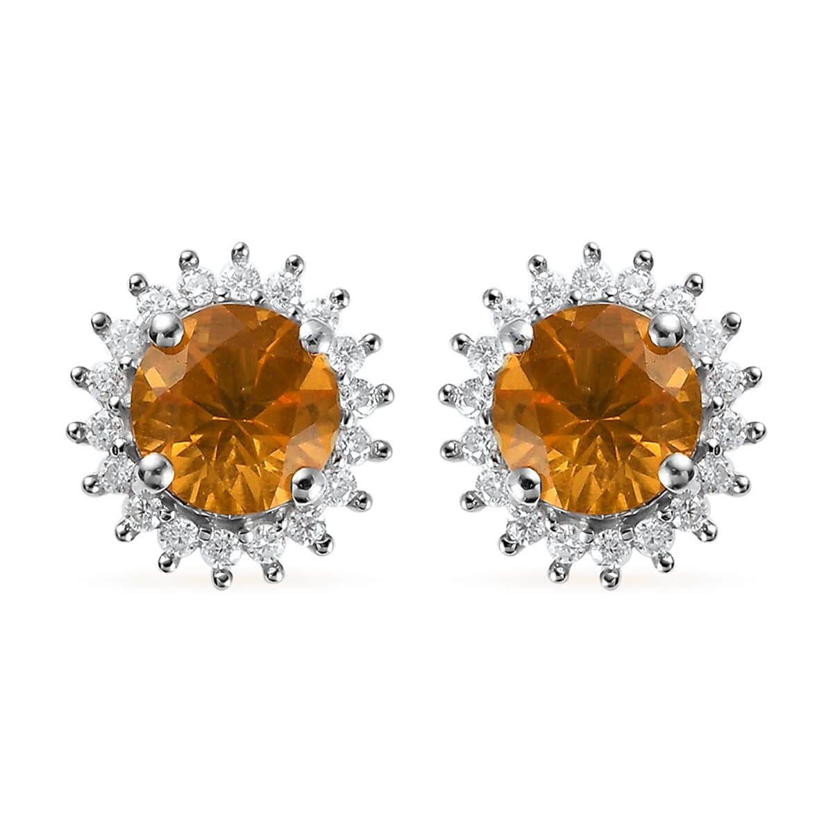 Premium BURITI Fire Opal and Moissanite Sunburst Stud Earrings in Platinum Over Sterling Silver 1.50 ctw image number 0