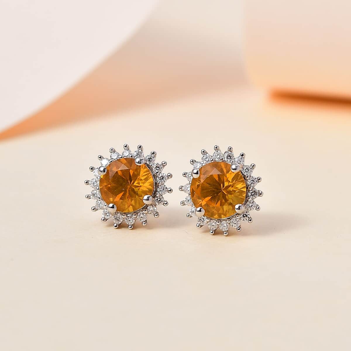 Premium BURITI Fire Opal and Moissanite Sunburst Stud Earrings in Platinum Over Sterling Silver 1.50 ctw image number 1