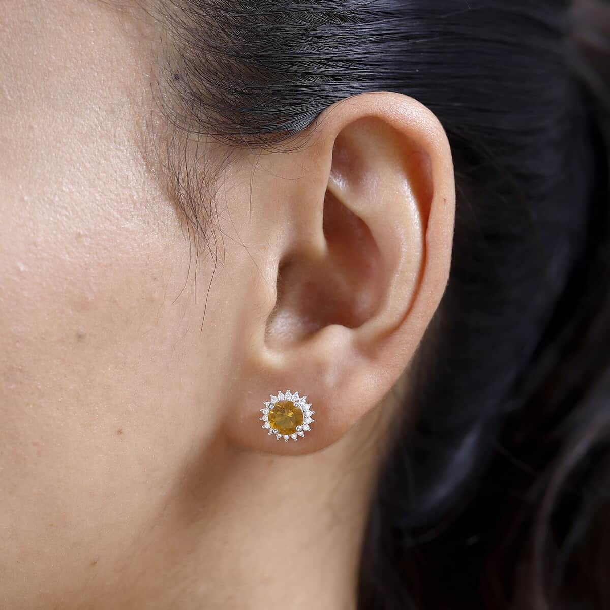 Premium BURITI Fire Opal and Moissanite Sunburst Stud Earrings in Platinum Over Sterling Silver 1.50 ctw image number 2