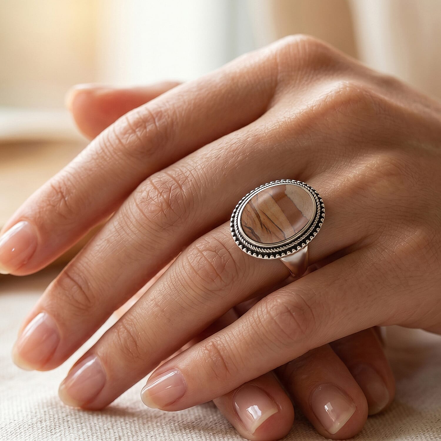 Picture Jasper 50.00 ctw Oval Ring in Stainless Steel (Size 10.0)