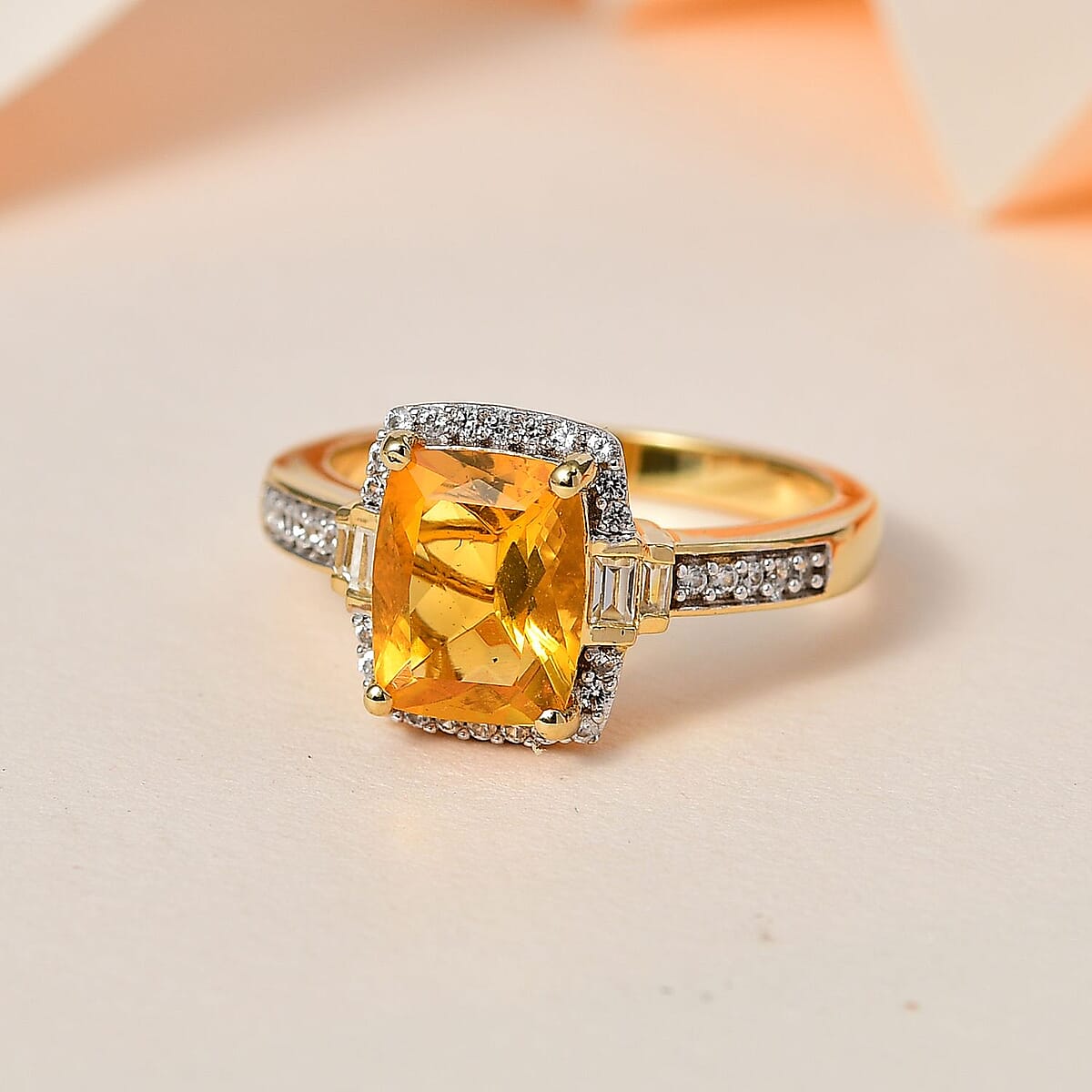Premium BURITI Fire Opal and White Zircon Ring in Vermeil Yellow Gold Over Sterling Silver (Size 7.0) 2.10 ctw image number 1
