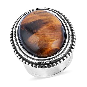 Yellow Tigers Eye 50.00 ctw Oval Ring in Stainless Steel (Size 6.0)