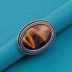 Yellow Tigers Eye 50.00 ctw Oval Ring in Stainless Steel (Size 6.0)