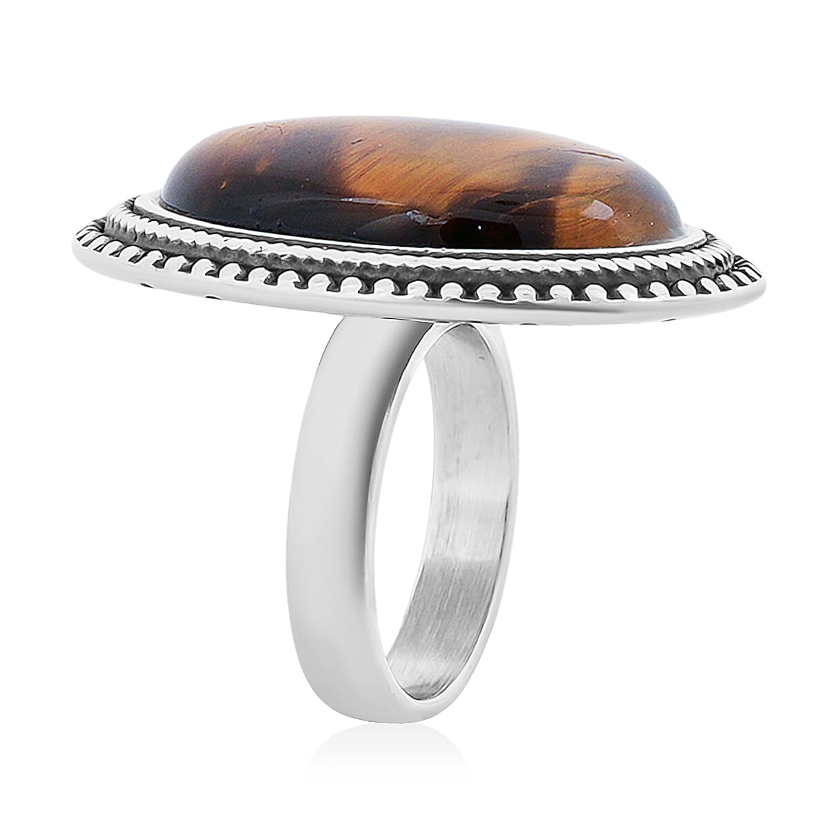 Yellow Tigers Eye 50.00 ctw Oval Ring in Stainless Steel (Size 6.0) image number 3