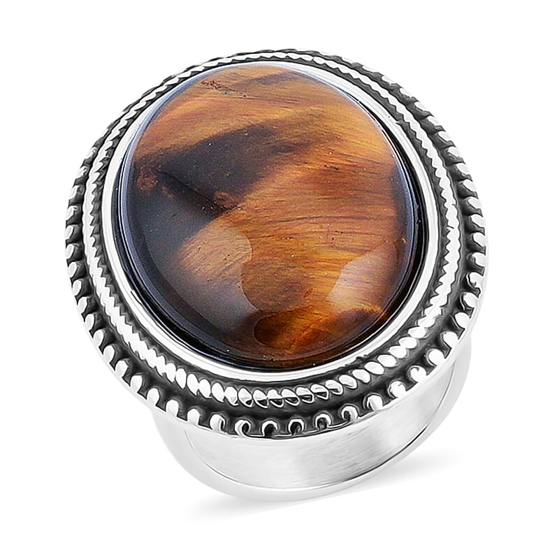 Yellow Tigers Eye 50.00 ctw Oval Ring in Stainless Steel (Size 7.0)