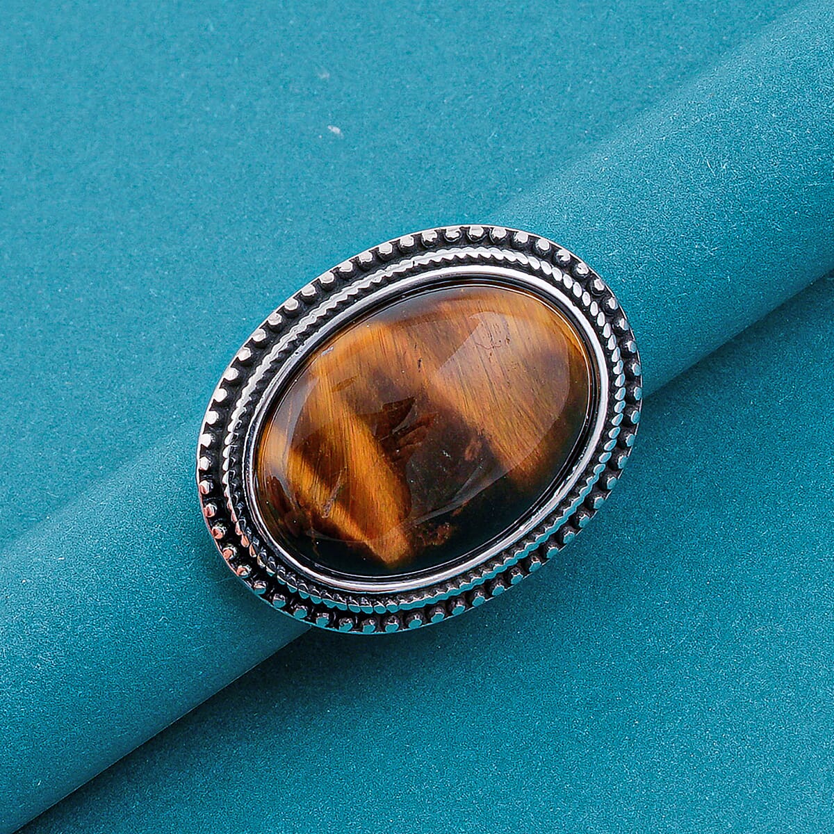 Yellow Tigers Eye 50.00 ctw Oval Ring in Stainless Steel (Size 7.0) image number 1