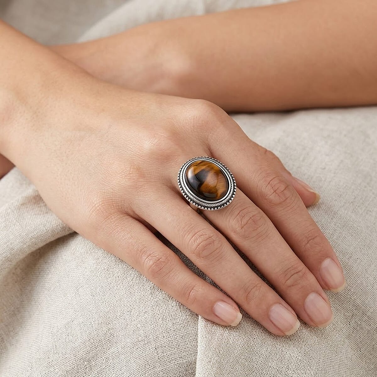Yellow Tigers Eye 50.00 ctw Oval Ring in Stainless Steel (Size 7.0) image number 2