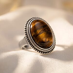 Yellow Tigers Eye 50.00 ctw Oval Ring in Stainless Steel (Size 8.0) 