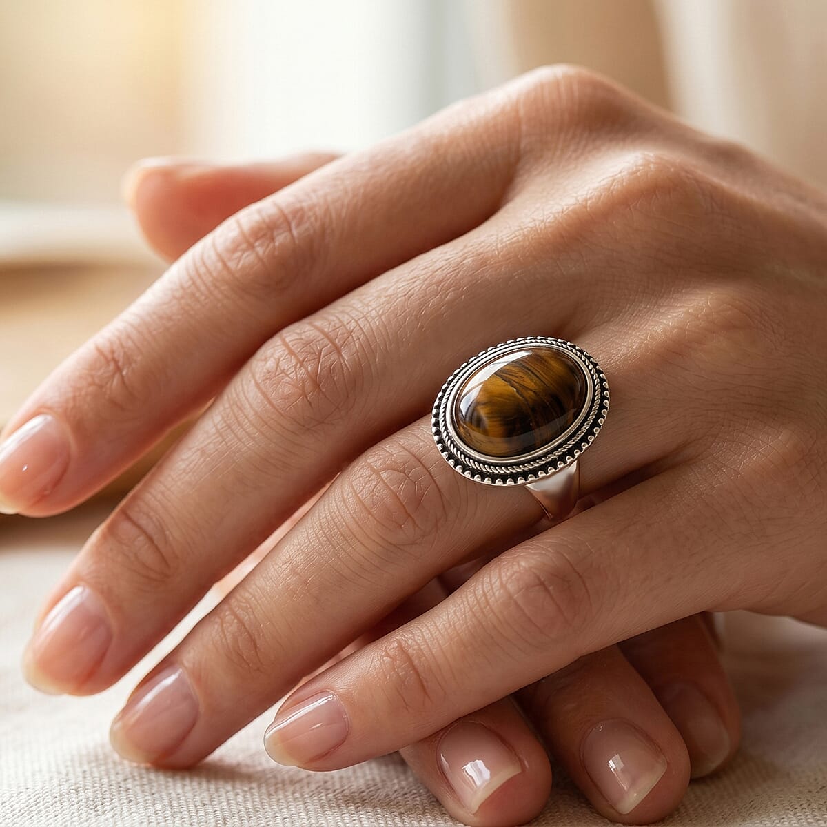 Yellow Tigers Eye 50.00 ctw Oval Ring in Stainless Steel (Size 8.0)  image number 2