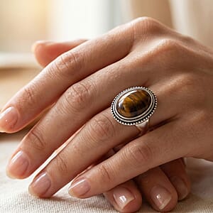 Yellow Tigers Eye 50.00 ctw Oval Ring in Stainless Steel (Size 8.0) 