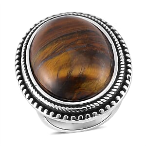 Yellow Tigers Eye 50.00 ctw Oval Ring in Stainless Steel (Size 9.0) 