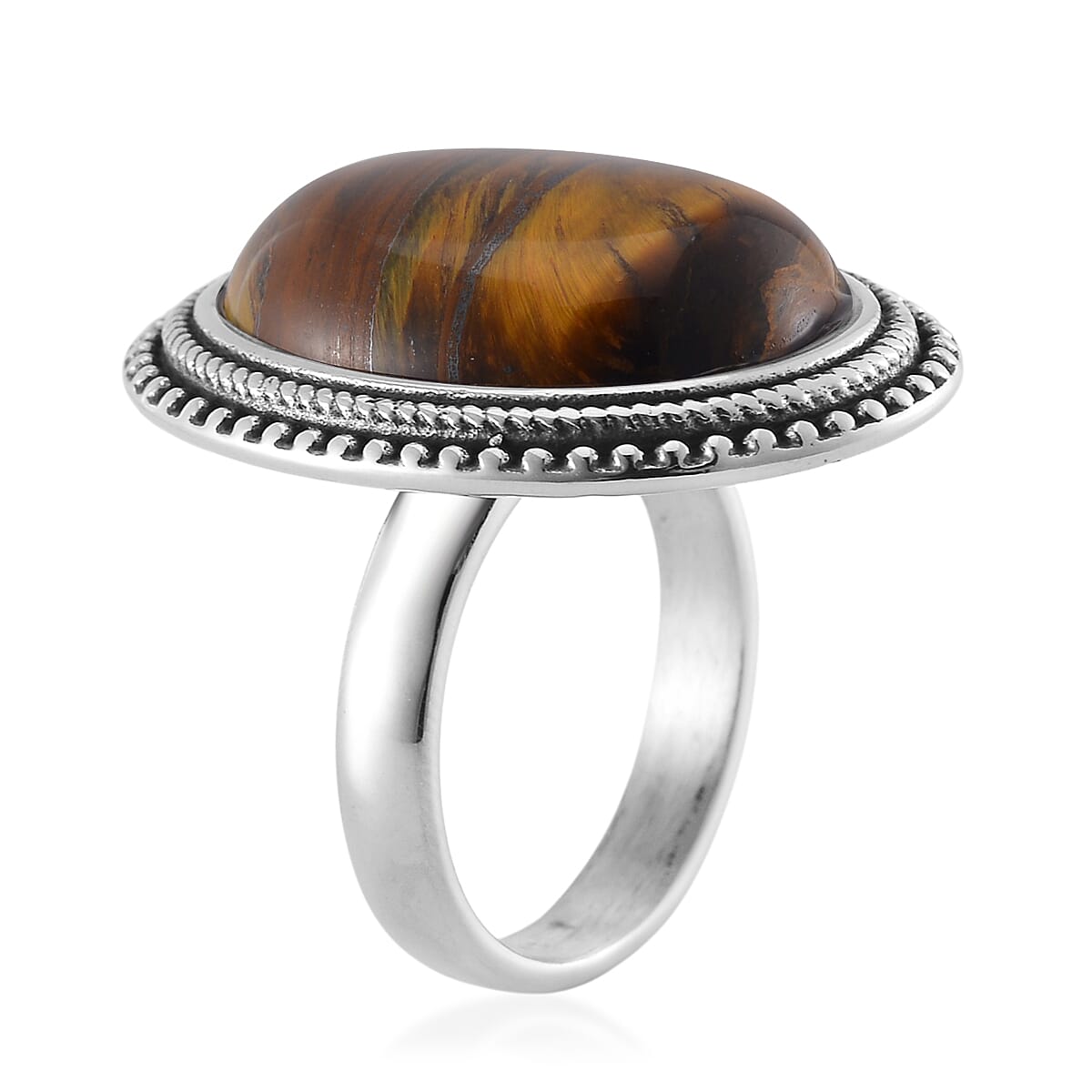 Yellow Tigers Eye 50.00 ctw Oval Ring in Stainless Steel (Size 9.0)  image number 3