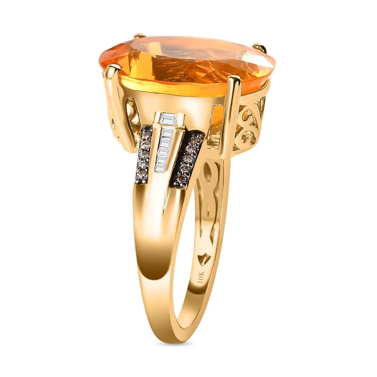 Luxoro 10K Yellow Gold Premium Brazilian Fire Opal, Natural Champagne and White Diamond I3 Ring (Size 6.0) 5 Grams 6.55 ctw image number 3