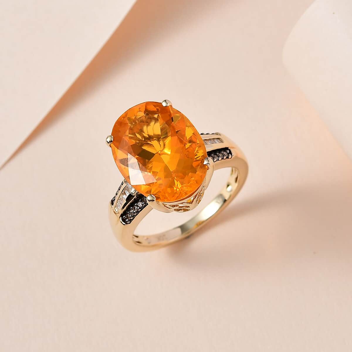 Luxoro 10K Yellow Gold Premium BURITI Fire Opal, Natural Champagne and White Diamond I3 Ring (Size 8.0) 5 Grams 6.55 ctw image number 1
