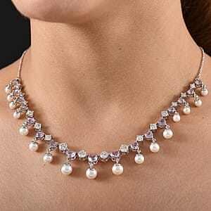 D'Joy Rose De France Aemthyst, Multi Gemstone Necklace in Platinum Over Sterling Silver 12.20 ctw (18 Inches)