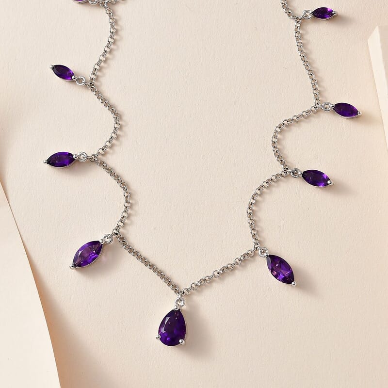 African Amethyst Station Necklace 18 Inches in Platinum Over Sterling Silver 5.80 ctw