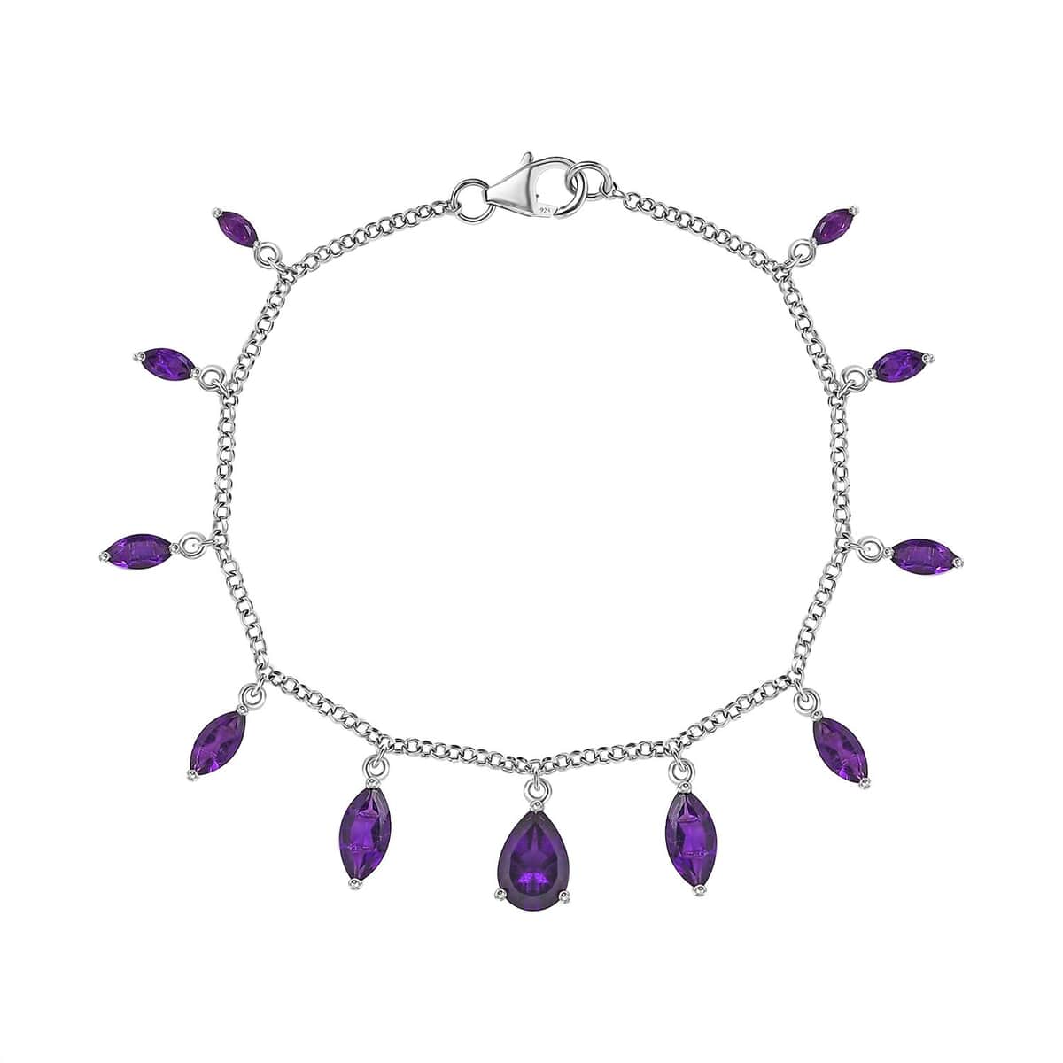 African Amethyst Station Charm Bracelet in Platinum Over Sterling Silver (7.25 In) 5.80 ctw image number 0