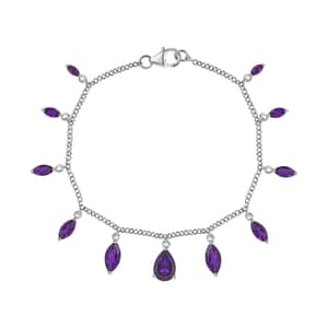 African Amethyst Station Charm Bracelet in Platinum Over Sterling Silver (7.25 In) 5.80 ctw
