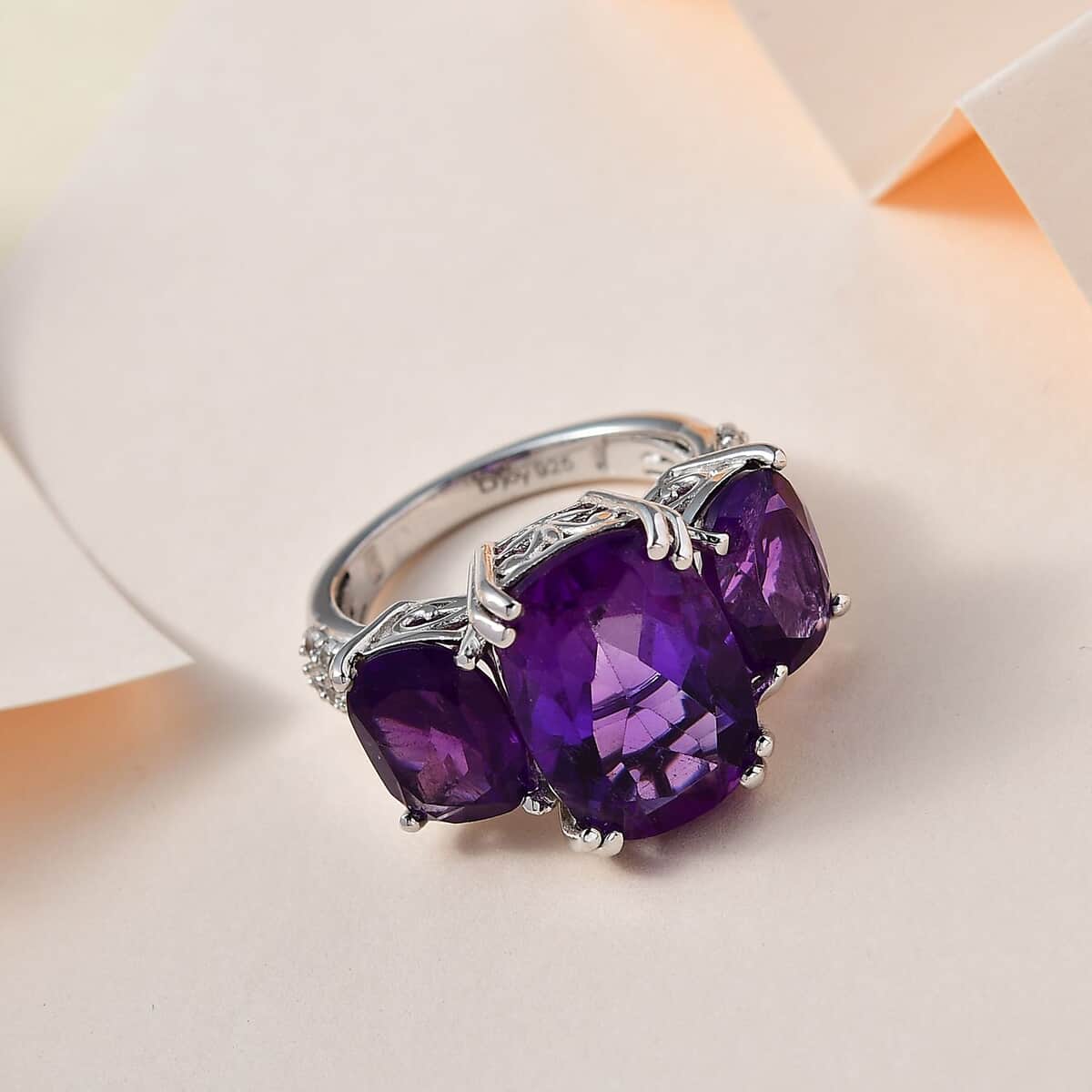 African Amethyst and White Zircon Trilogy Ring in Platinum Over Sterling Silver (Size 10.0) 10.00 ctw image number 1