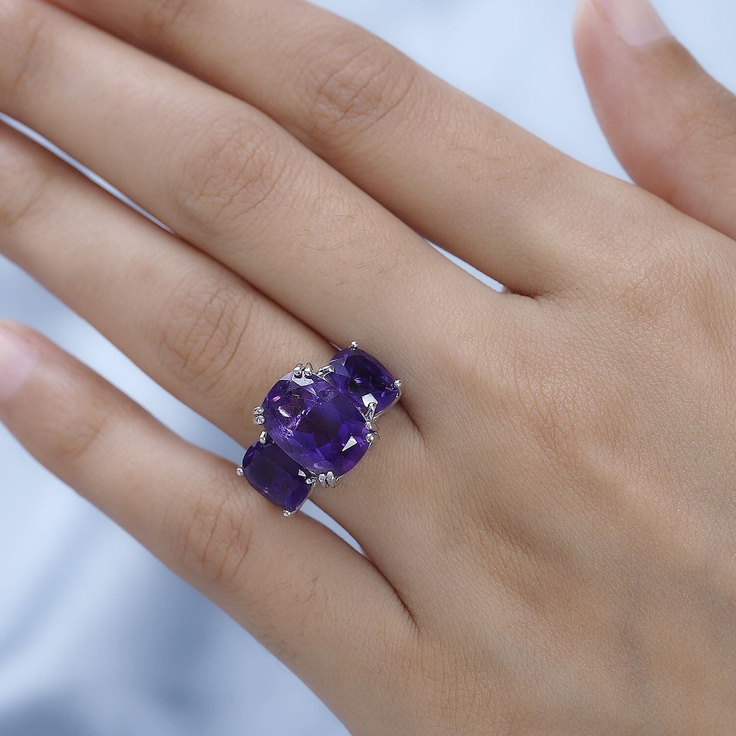 African Amethyst and White Zircon Trilogy Ring in Platinum Over Sterling Silver (Size 10.0) 10.00 ctw