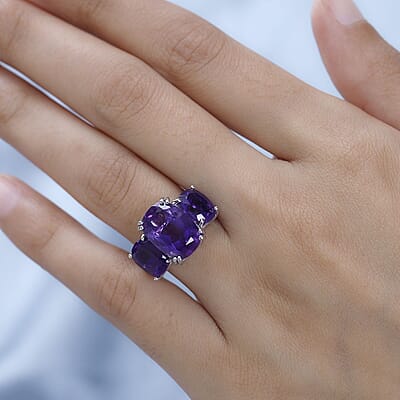 African Amethyst and White Zircon 10.00 ctw Trilogy Ring in Platinum Over Sterling Silver (Size 5.0)