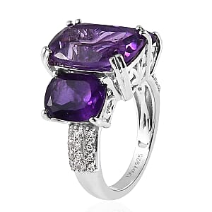African Amethyst and White Zircon 10.00 ctw Trilogy Ring in Platinum Over Sterling Silver (Size 5.0)