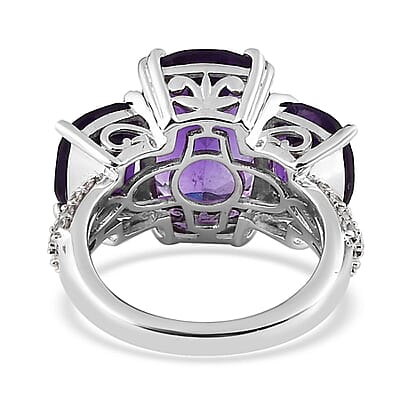 African Amethyst and White Zircon 10.00 ctw Trilogy Ring in Platinum Over Sterling Silver (Size 5.0)