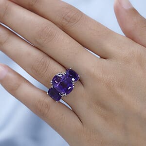 African Amethyst and White Zircon 10.00 ctw Trilogy Ring in Platinum Over Sterling Silver (Size 6.0)
