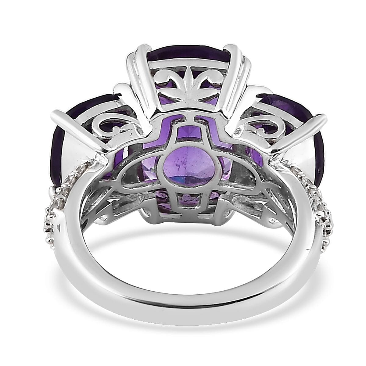 African Amethyst and White Zircon 10.00 ctw Trilogy Ring in Platinum Over Sterling Silver (Size 6.0) image number 4