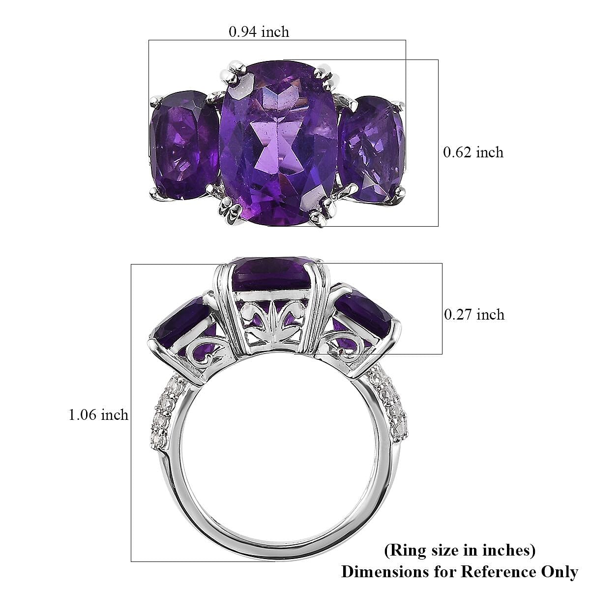 African Amethyst and White Zircon 10.00 ctw Trilogy Ring in Platinum Over Sterling Silver (Size 6.0) image number 5