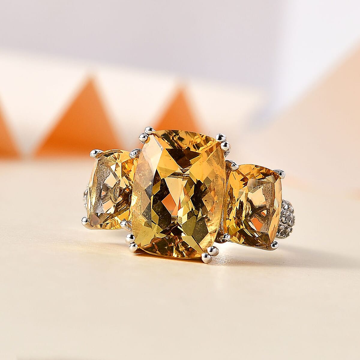 Brazilian Citrine and White Zircon 10.20 ctw Trilogy Ring in Platinum Over Sterling Silver (Size 8.0) image number 1
