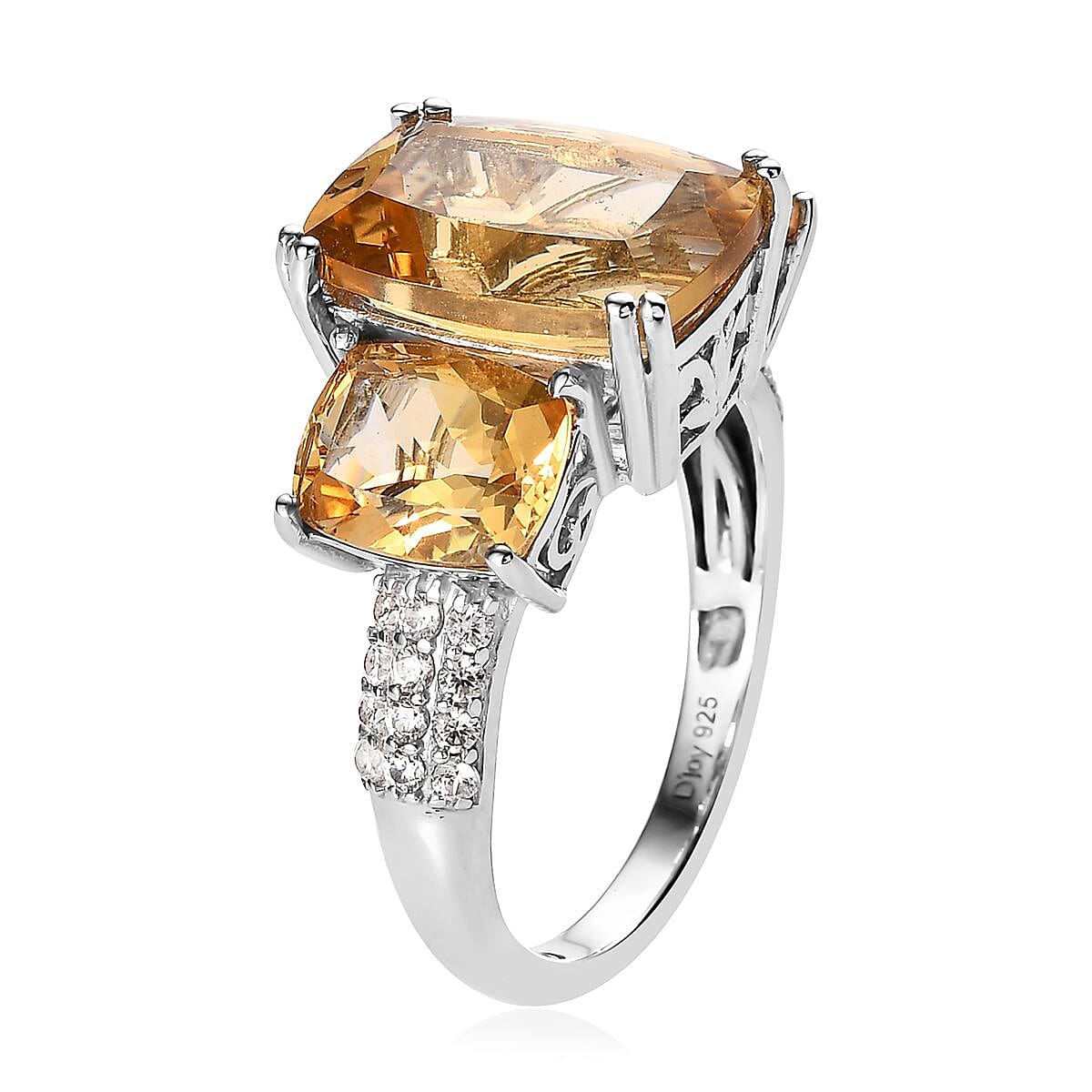 Brazilian Citrine and White Zircon 10.20 ctw Trilogy Ring in Platinum Over Sterling Silver (Size 8.0) image number 3