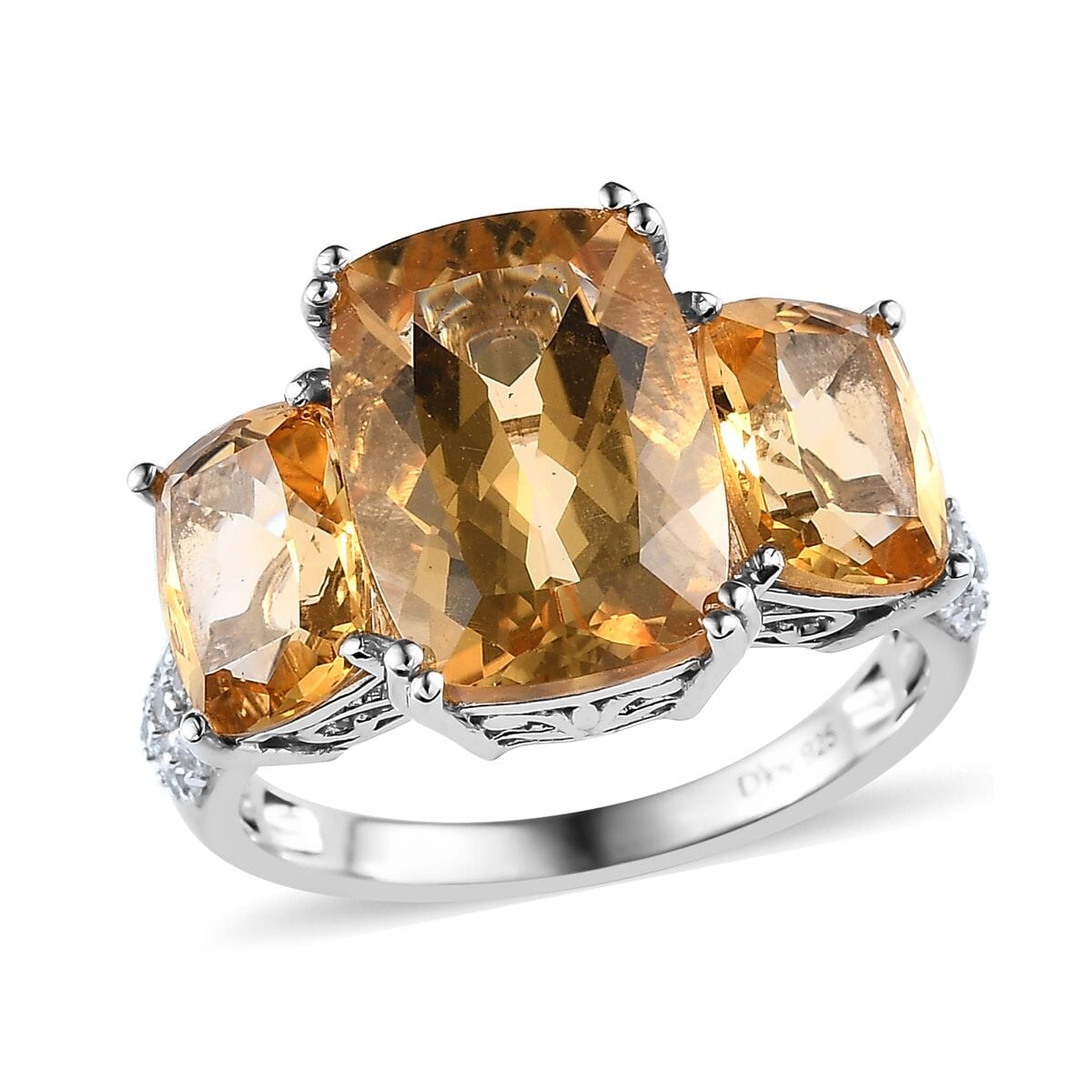 Brazilian Citrine and White Zircon 10.20 ctw Trilogy Ring in Platinum Over Sterling Silver (Size 9.0) image number 0