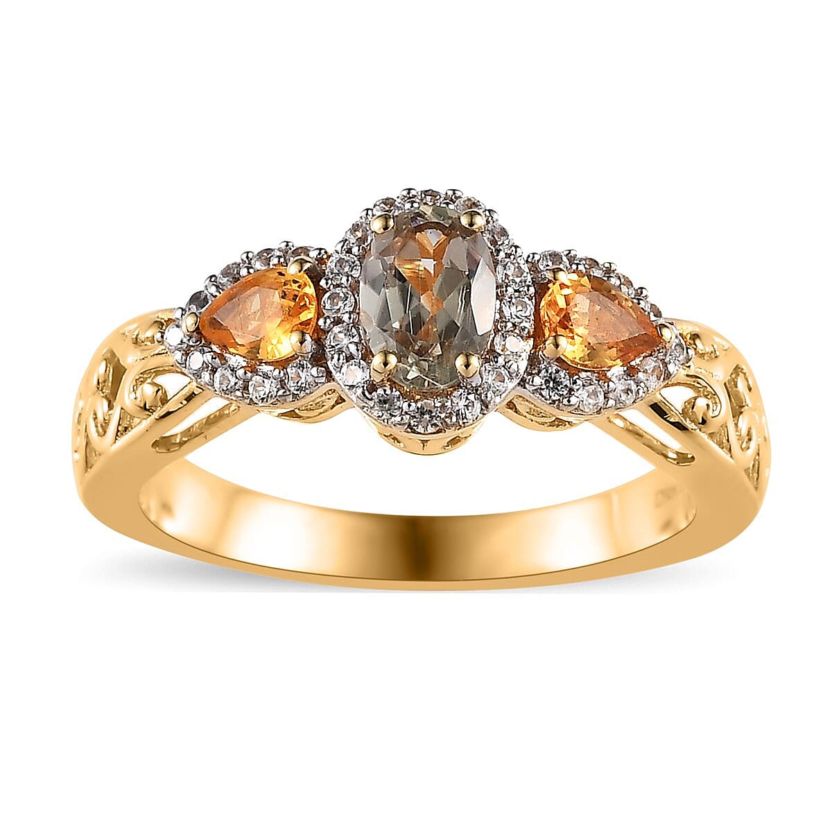 AAA Turkizite, Madagascar Yellow Sapphire and White Zircon 1.10 ctw Halo Ring in Vermeil Yellow Gold Over Sterling Silver (Size 8.0) image number 0