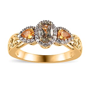AAA Turkizite, Madagascar Yellow Sapphire and White Zircon 1.10 ctw Halo Ring in Vermeil Yellow Gold Over Sterling Silver (Size 8.0)