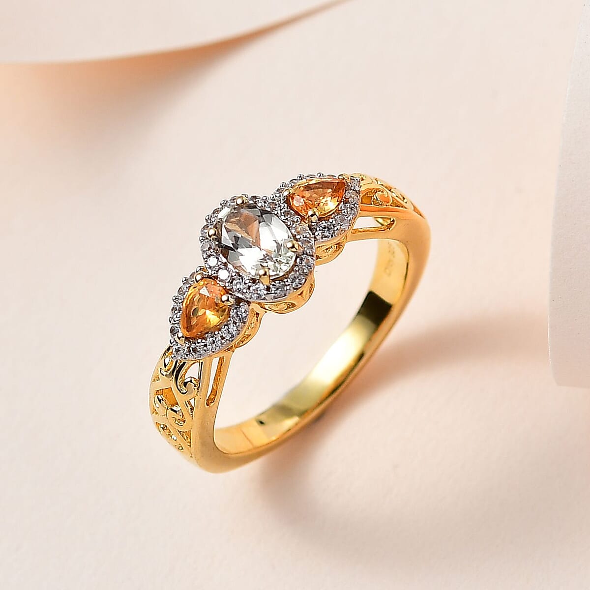 AAA Turkizite, Madagascar Yellow Sapphire and White Zircon 1.10 ctw Halo Ring in Vermeil Yellow Gold Over Sterling Silver (Size 8.0) image number 1