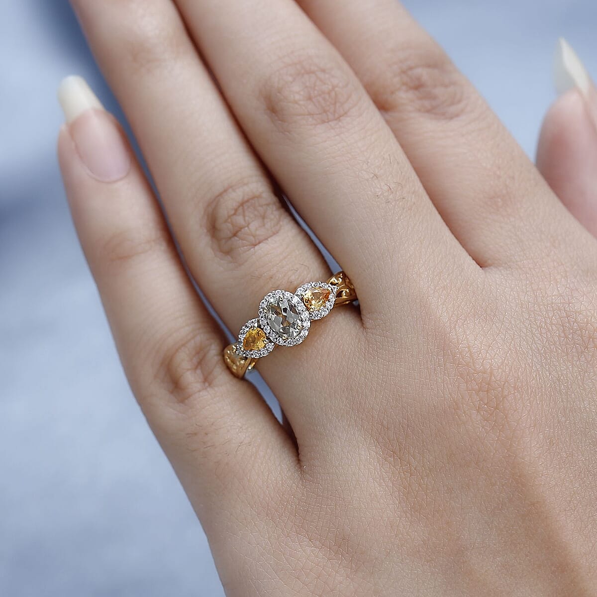 AAA Turkizite, Madagascar Yellow Sapphire and White Zircon 1.10 ctw Halo Ring in Vermeil Yellow Gold Over Sterling Silver (Size 8.0) image number 2