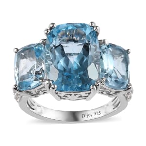 Blue Topaz and White Zircon 12.75 ctw Trilogy Ring in Platinum Over Sterling Silver (Size 5.0)