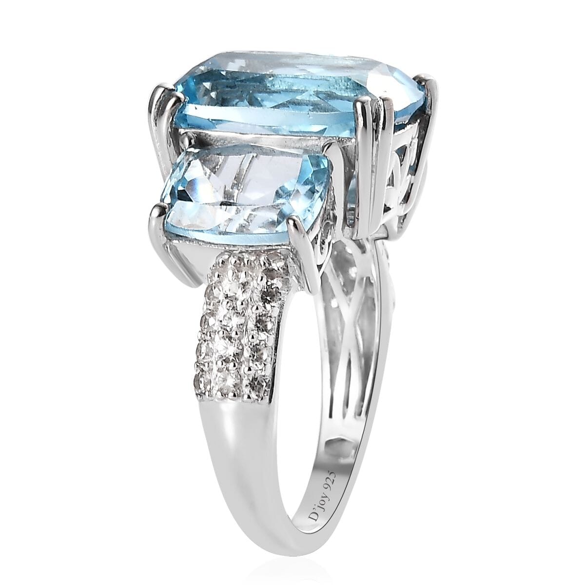 Blue Topaz and White Zircon 12.75 ctw Trilogy Ring in Platinum Over Sterling Silver (Size 5.0) image number 3